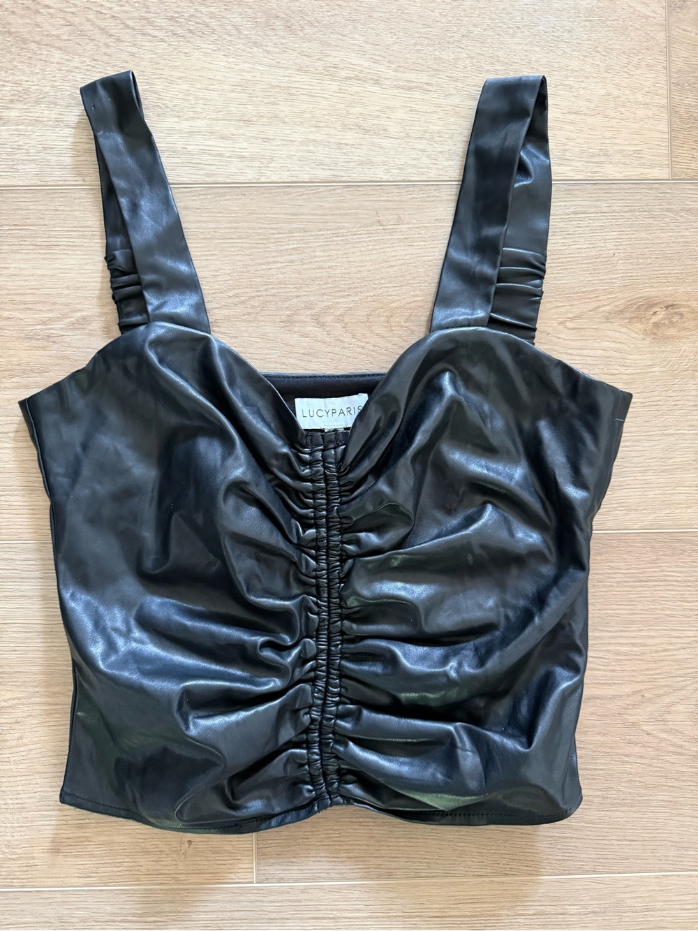 Lucy Paris Black Faux Leather Ruched Crop Top Sweetheart Neck Size S